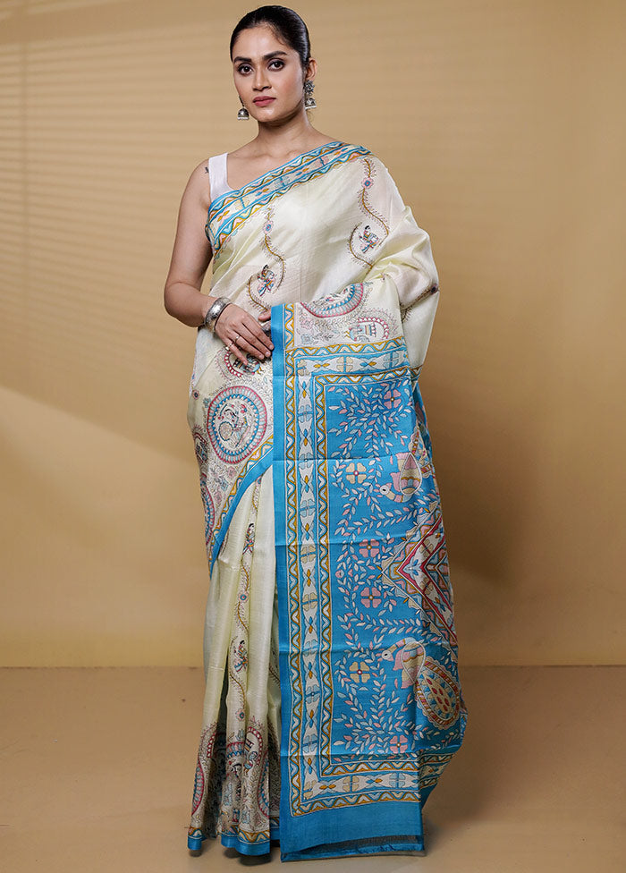 Cream Printed Pure Silk Saree Without Blouse Piece