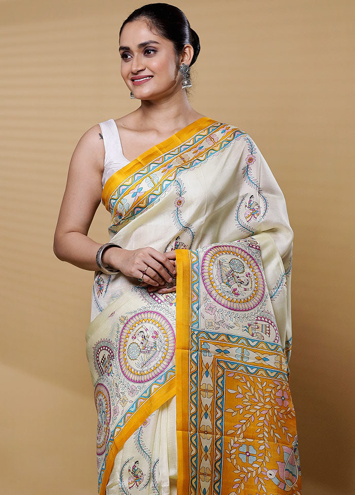 Cream Printed Pure Silk Saree Without Blouse Piece