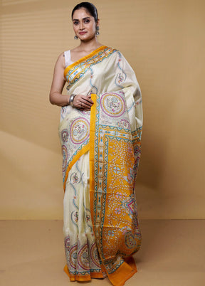 Cream Printed Pure Silk Saree Without Blouse Piece