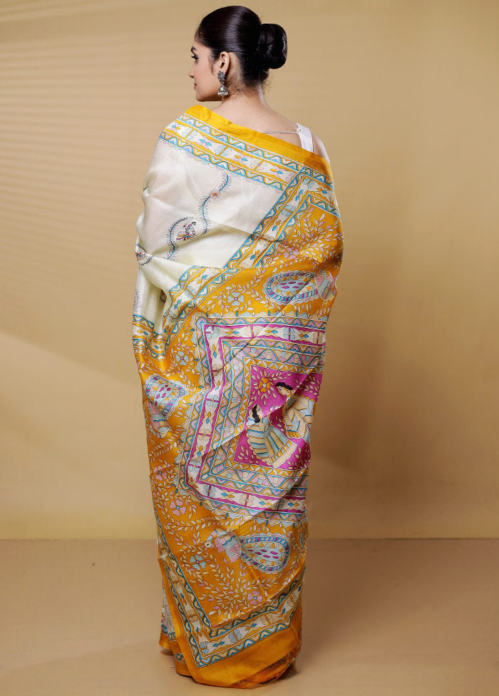 Cream Printed Pure Silk Saree Without Blouse Piece