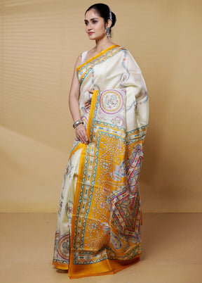 Cream Printed Pure Silk Saree Without Blouse Piece