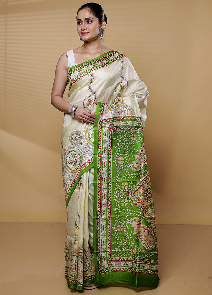 Cream Printed Pure Silk Saree Without Blouse Piece