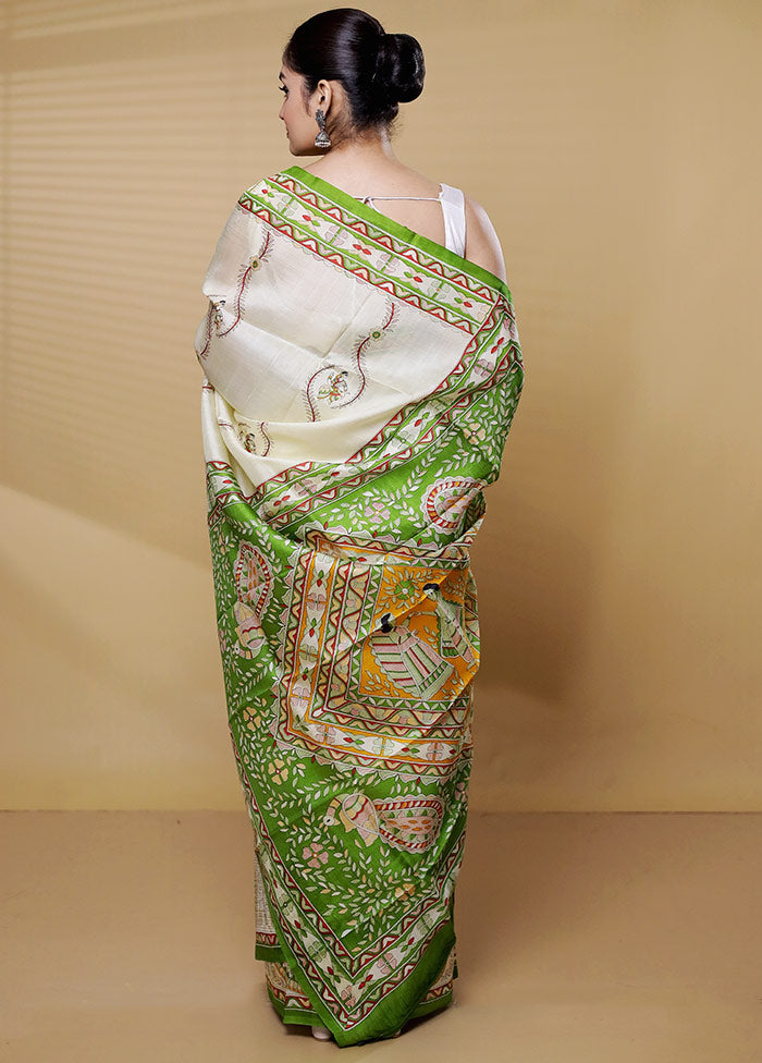 Cream Printed Pure Silk Saree Without Blouse Piece