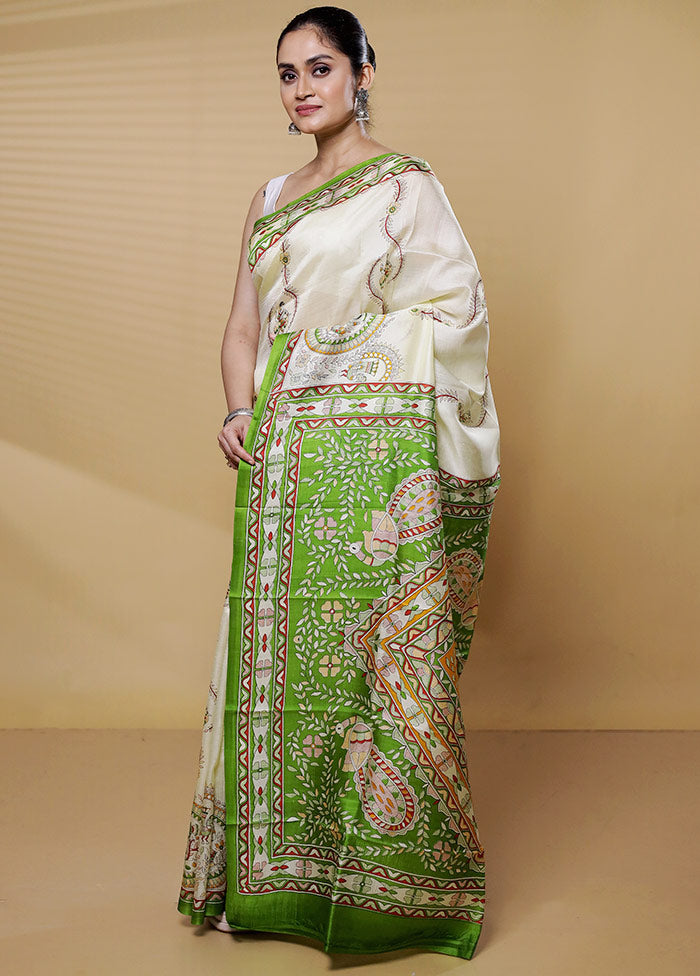 Cream Printed Pure Silk Saree Without Blouse Piece