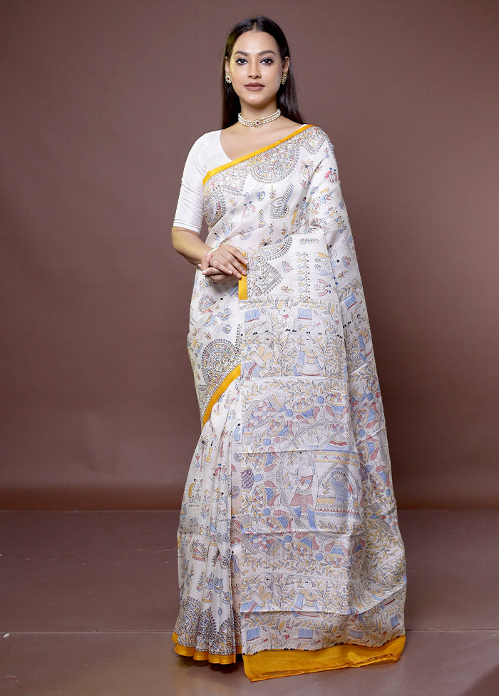 Cream Printed Pure Silk Saree Without Blouse Piece