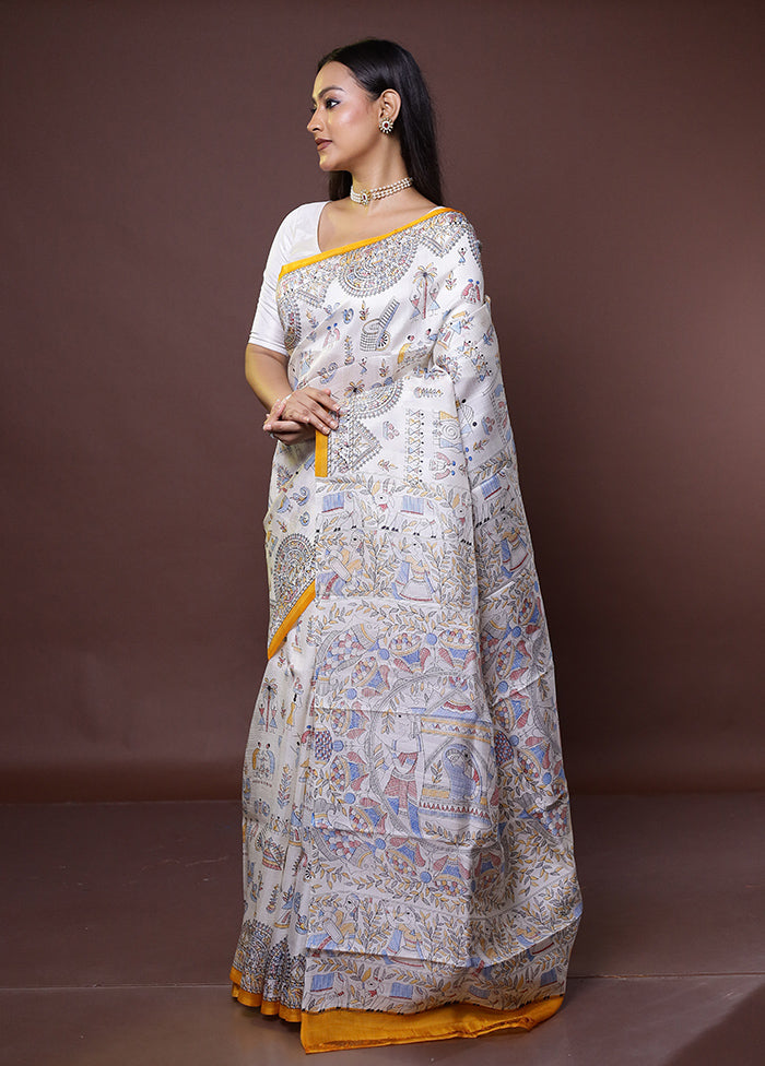 Cream Printed Pure Silk Saree Without Blouse Piece