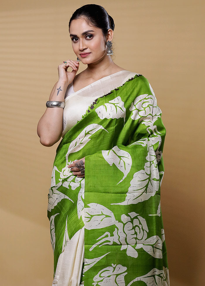 Green Printed Pure Silk Saree Without Blouse Piece