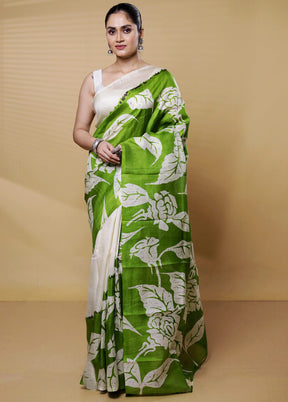 Green Printed Pure Silk Saree Without Blouse Piece