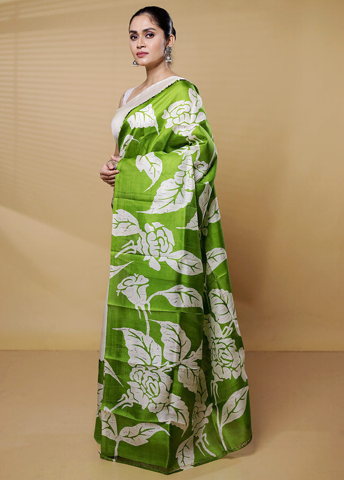 Green Printed Pure Silk Saree Without Blouse Piece