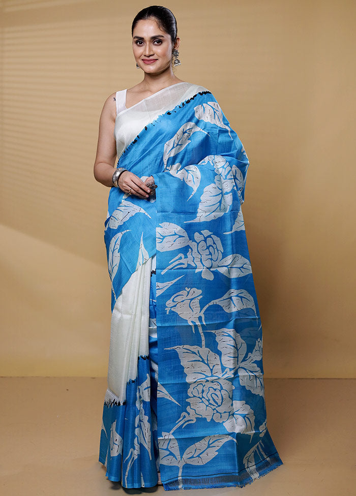 Blue Printed Pure Silk Saree Without Blouse Piece