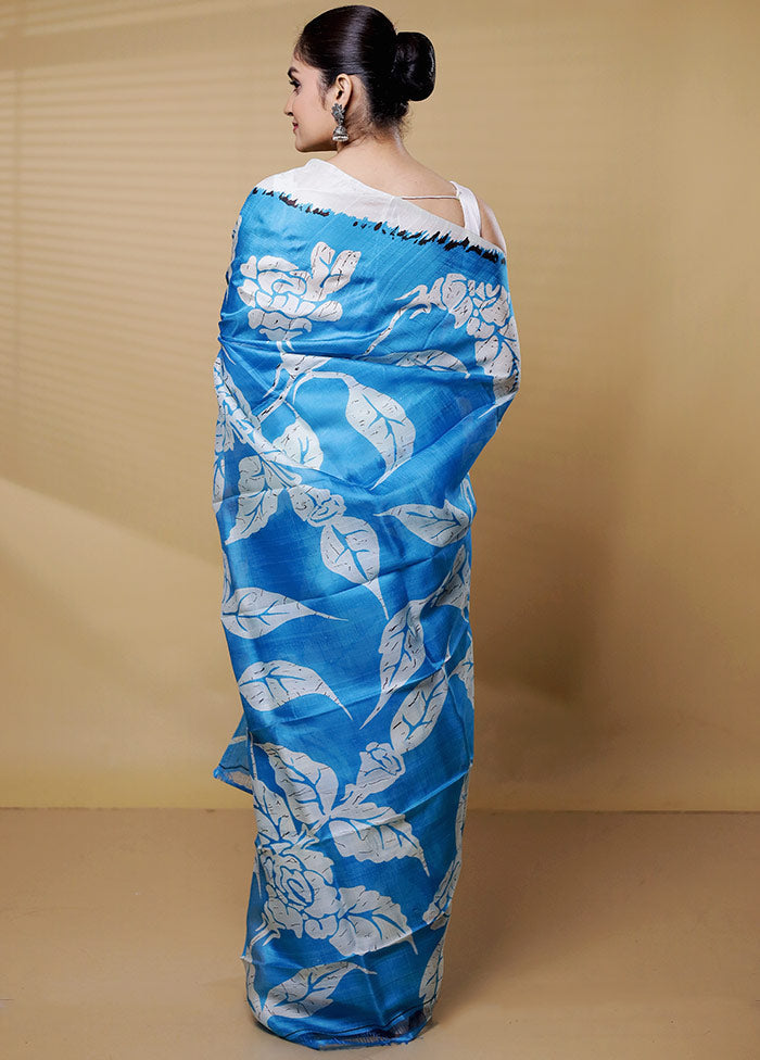 Blue Printed Pure Silk Saree Without Blouse Piece