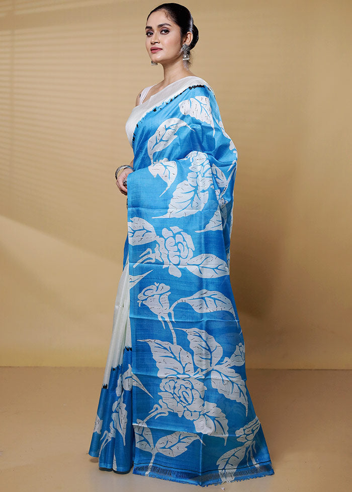 Blue Printed Pure Silk Saree Without Blouse Piece