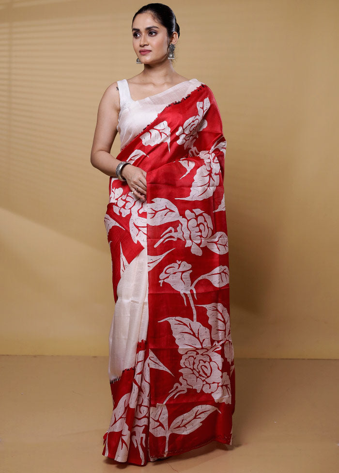 Red Printed Pure Silk Saree Without Blouse Piece