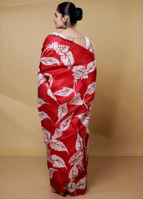 Red Printed Pure Silk Saree Without Blouse Piece