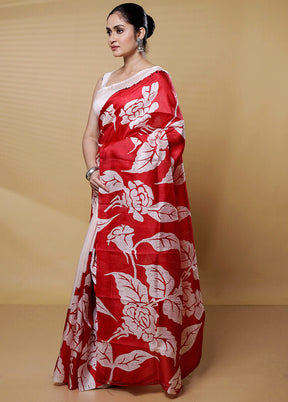 Red Printed Pure Silk Saree Without Blouse Piece