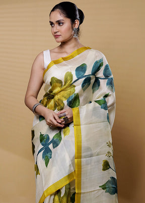 Cream Printed Pure Silk Saree Without Blouse Piece