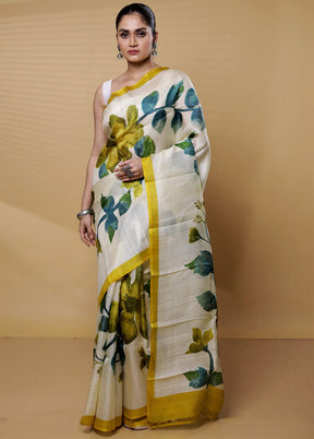 Cream Printed Pure Silk Saree Without Blouse Piece