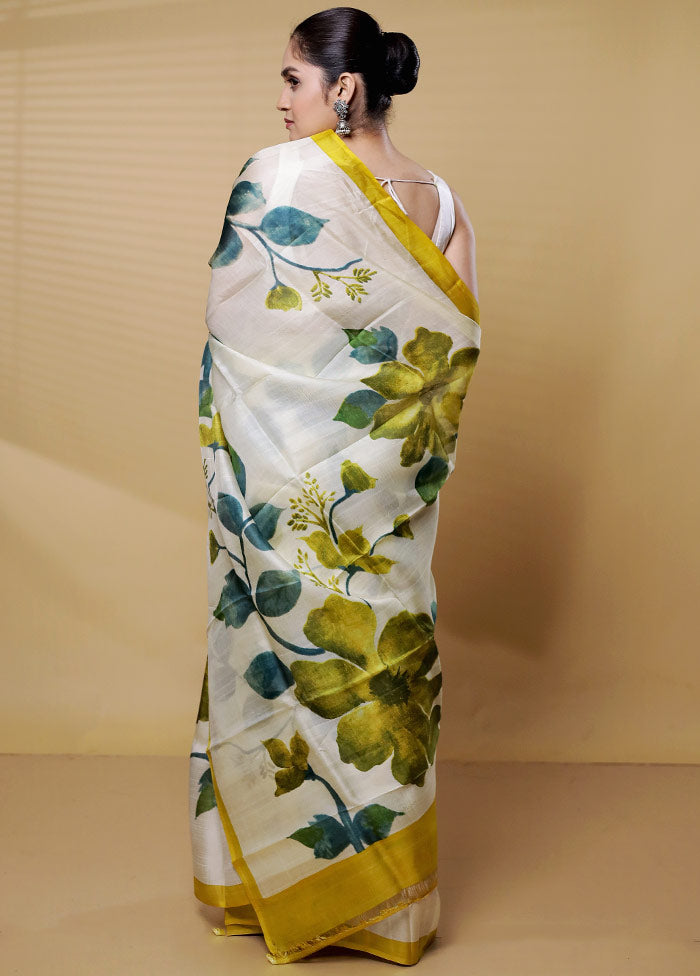 Cream Printed Pure Silk Saree Without Blouse Piece