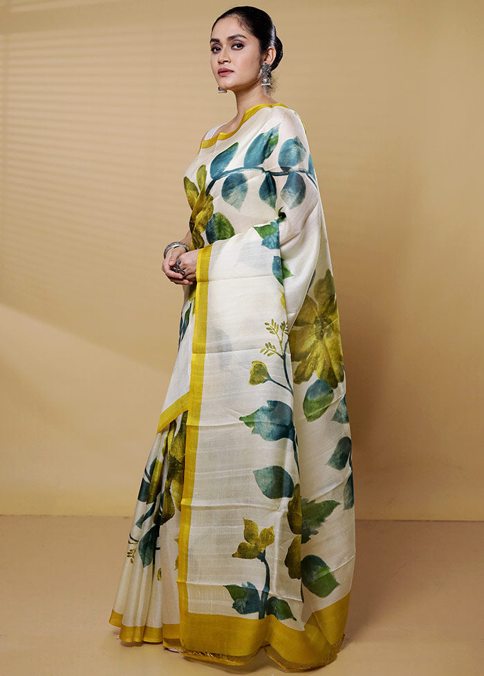 Cream Printed Pure Silk Saree Without Blouse Piece