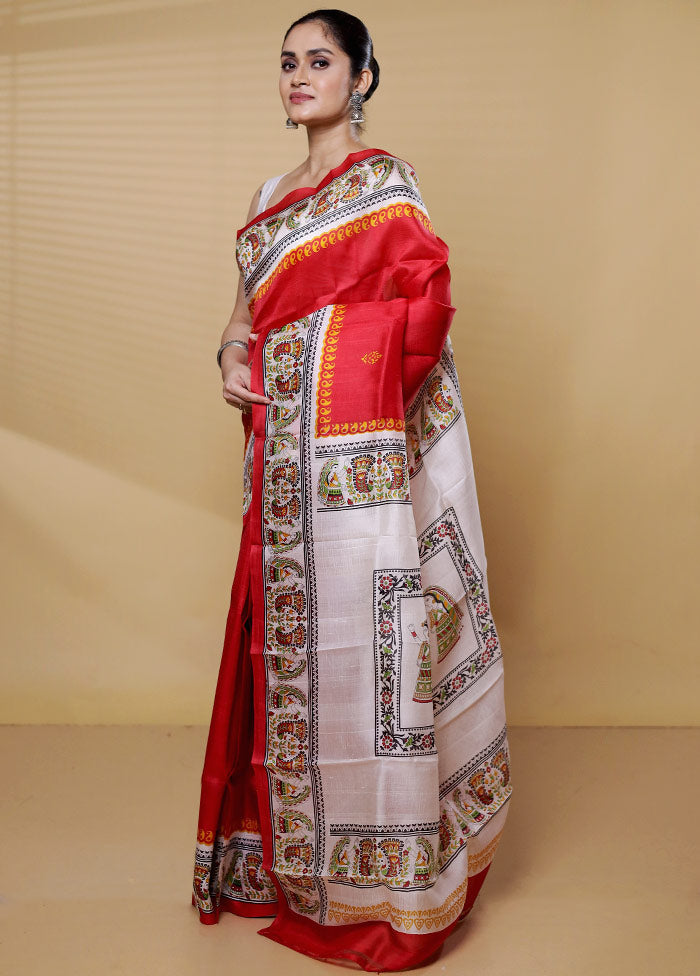 Red Printed Pure Silk Saree Without Blouse Piece