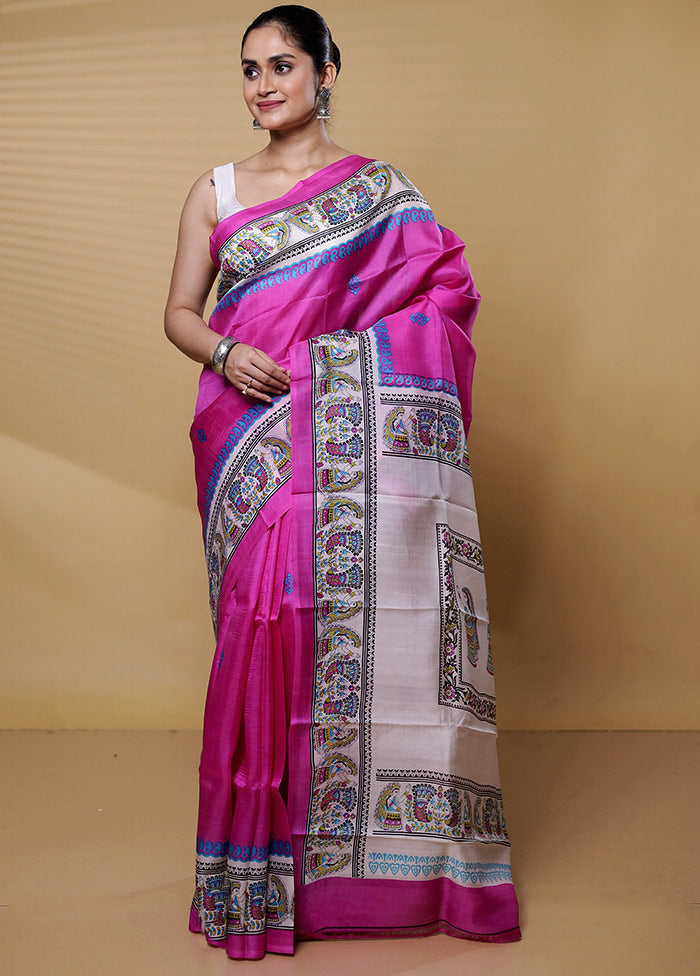 Pink Printed Pure Silk Saree Without Blouse Piece