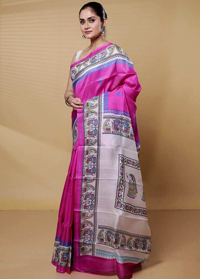 Pink Printed Pure Silk Saree Without Blouse Piece