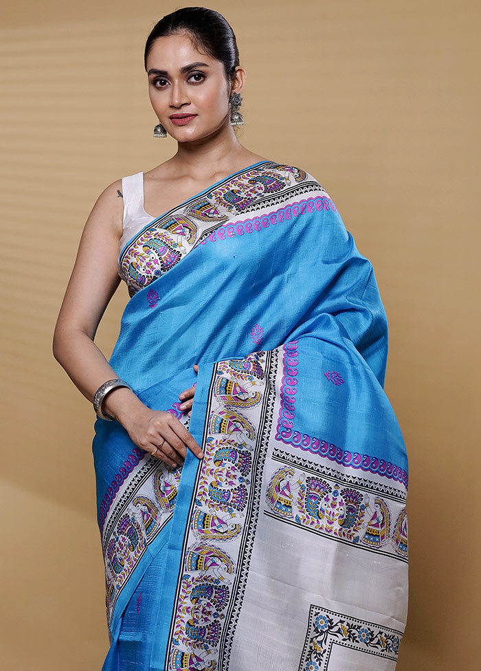 Blue Printed Pure Silk Saree Without Blouse Piece