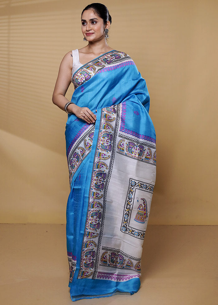 Blue Printed Pure Silk Saree Without Blouse Piece