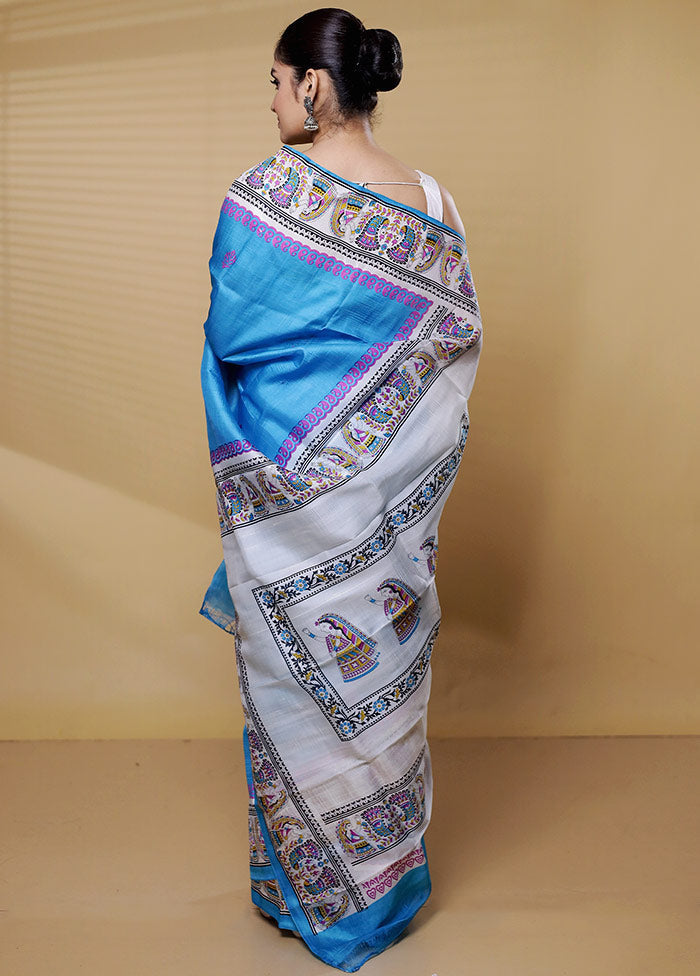 Blue Printed Pure Silk Saree Without Blouse Piece