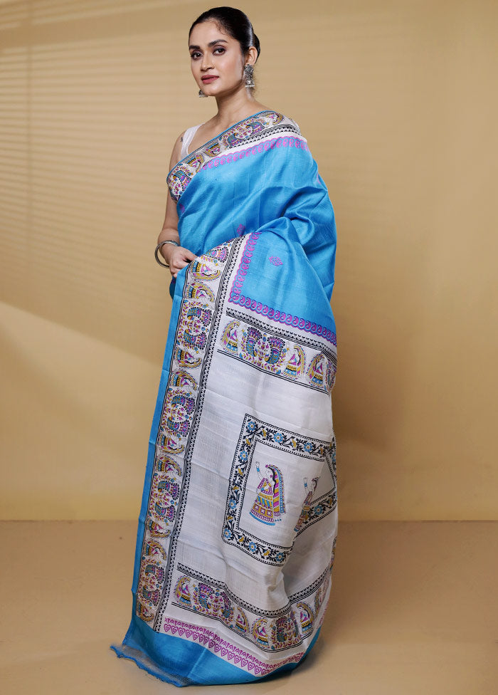 Blue Printed Pure Silk Saree Without Blouse Piece