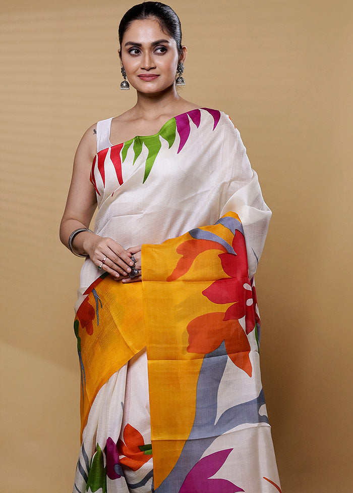 Cream Printed Pure Silk Saree Without Blouse Piece