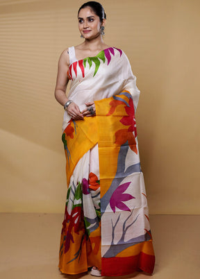 Cream Printed Pure Silk Saree Without Blouse Piece