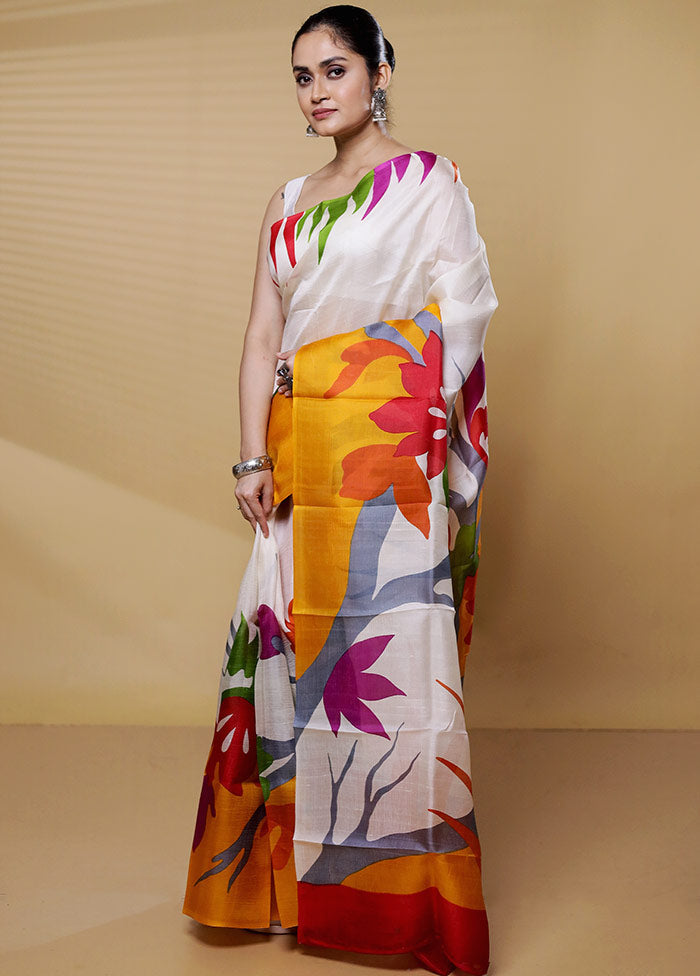 Cream Printed Pure Silk Saree Without Blouse Piece