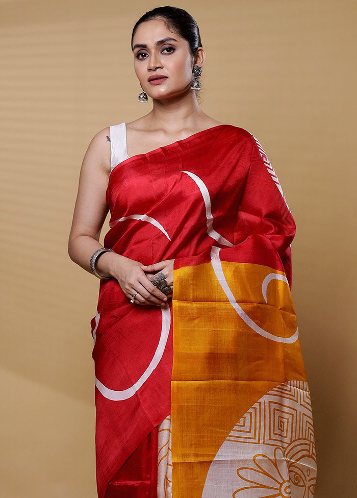 Red Printed Pure Silk Saree Without Blouse Piece