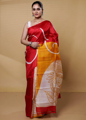 Red Printed Pure Silk Saree Without Blouse Piece