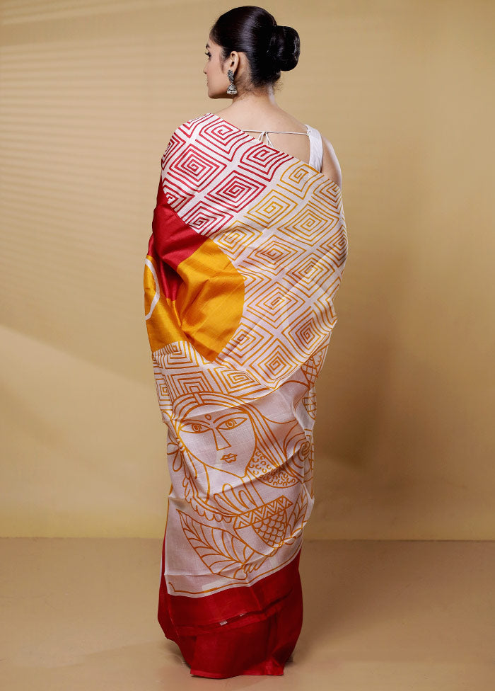 Red Printed Pure Silk Saree Without Blouse Piece