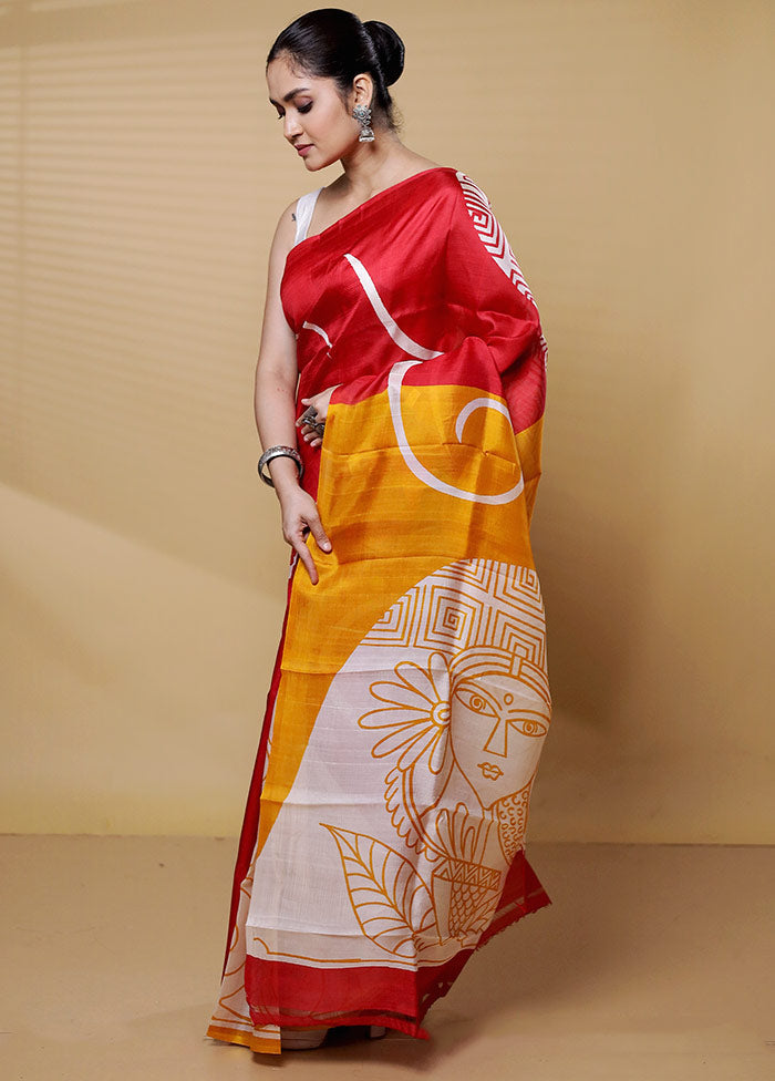 Red Printed Pure Silk Saree Without Blouse Piece