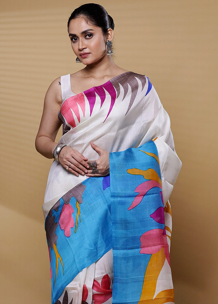 Cream Printed Pure Silk Saree Without Blouse Piece