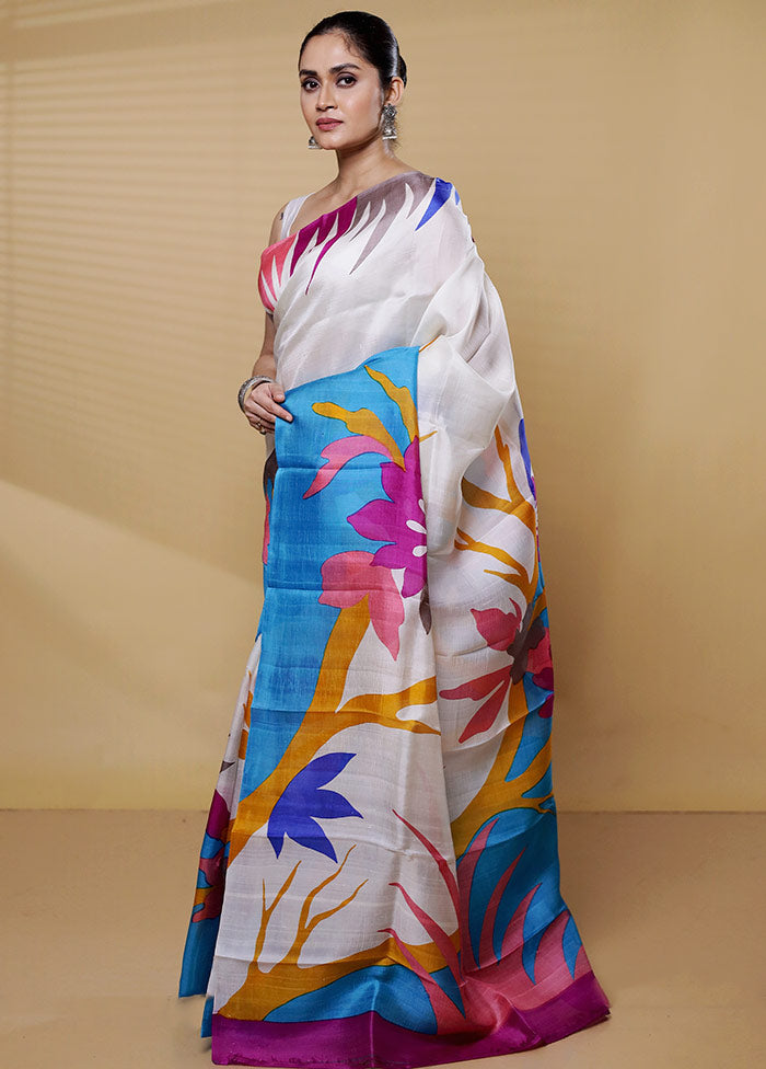 Cream Printed Pure Silk Saree Without Blouse Piece