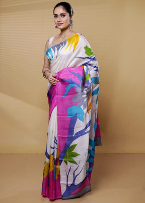 Cream Printed Pure Silk Saree Without Blouse Piece