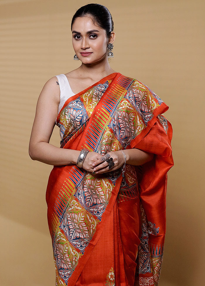 Orange Printed Pure Silk Saree Without Blouse Piece