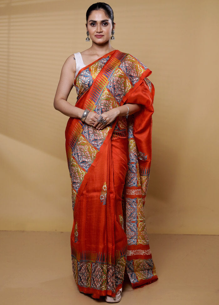 Orange Printed Pure Silk Saree Without Blouse Piece