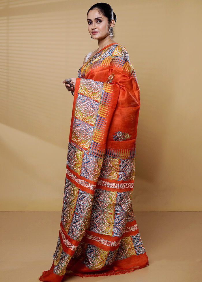 Orange Printed Pure Silk Saree Without Blouse Piece