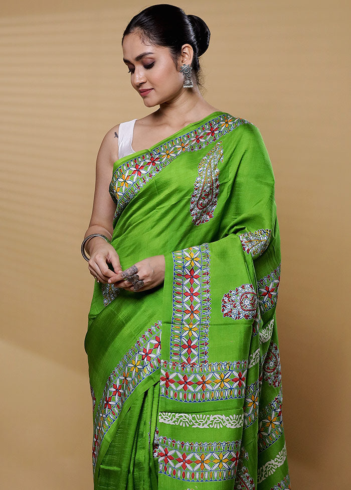 Green Printed Pure Silk Saree Without Blouse Piece