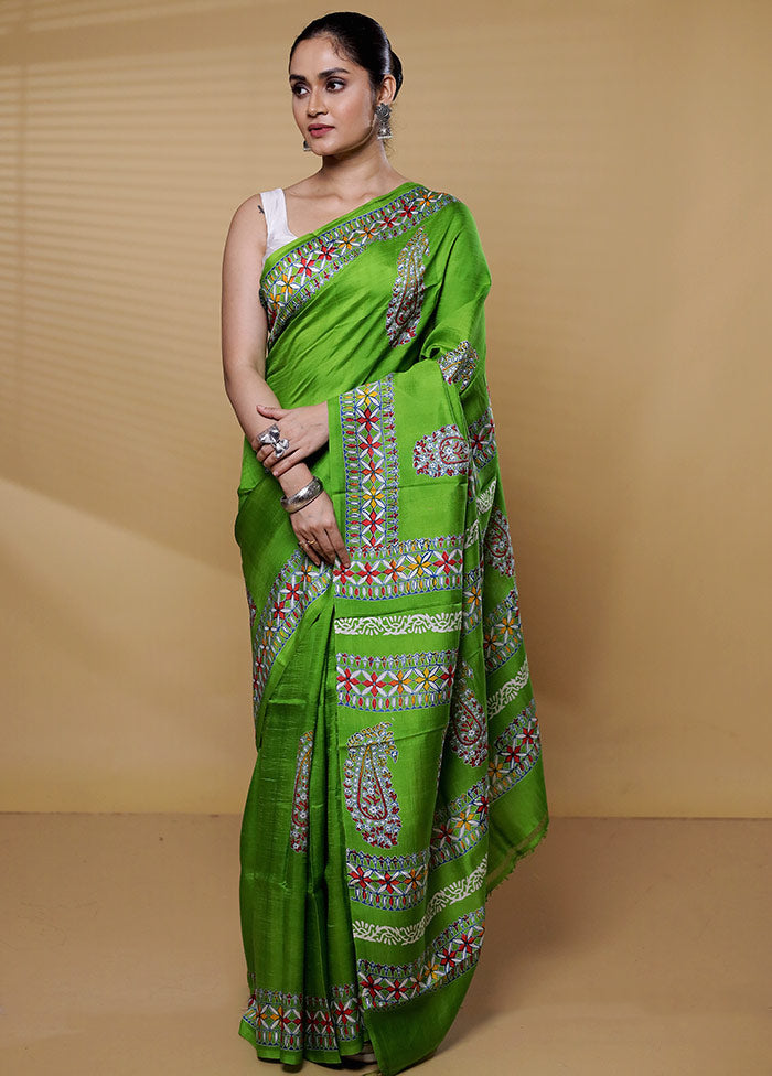 Green Printed Pure Silk Saree Without Blouse Piece