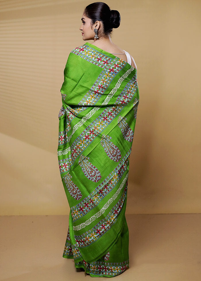 Green Printed Pure Silk Saree Without Blouse Piece