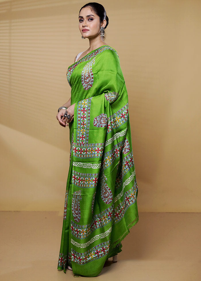 Green Printed Pure Silk Saree Without Blouse Piece