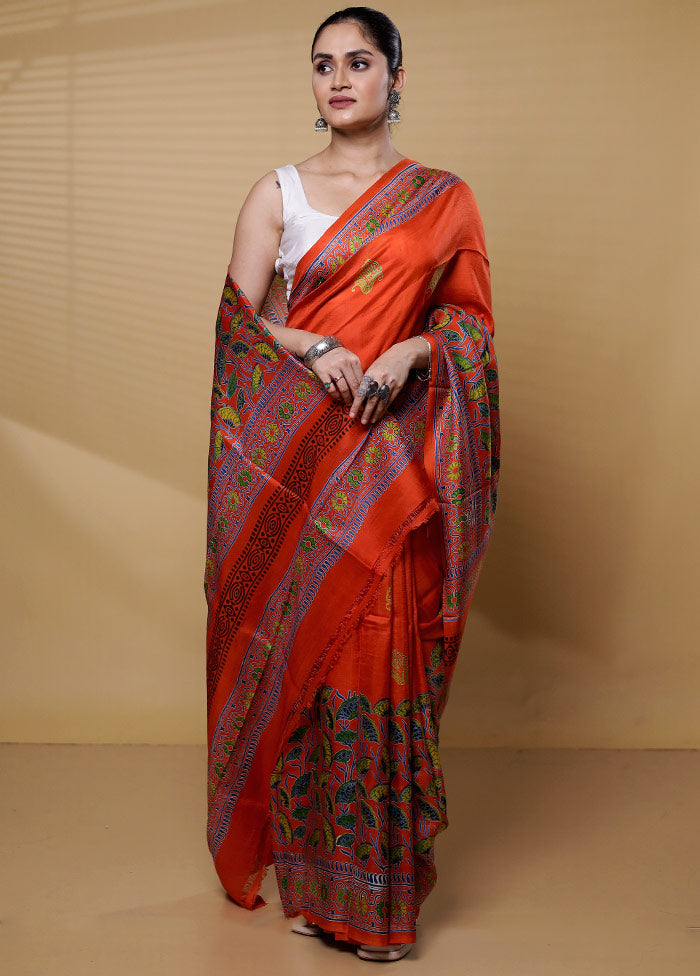 Orange Printed Pure Silk Saree Without Blouse Piece