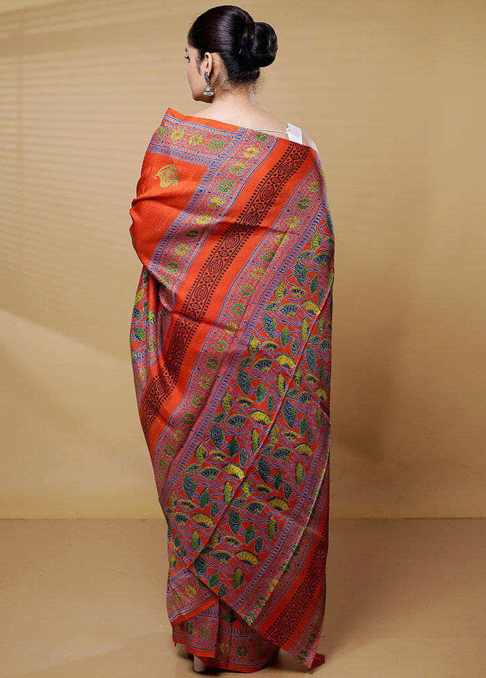 Orange Printed Pure Silk Saree Without Blouse Piece