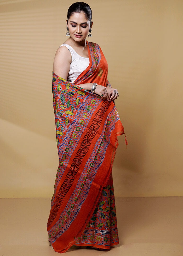 Orange Printed Pure Silk Saree Without Blouse Piece